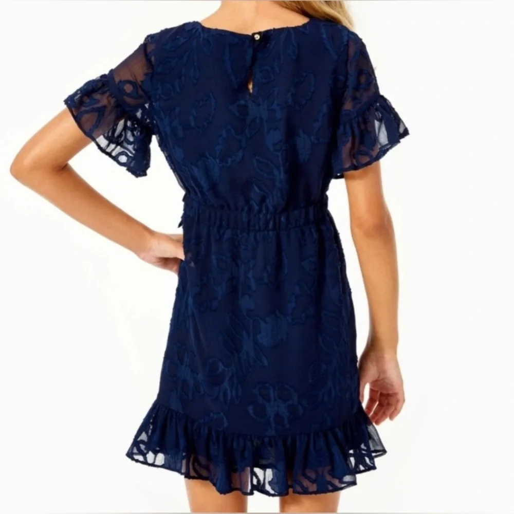 Lilly Pulitzer Mini Darlah Botanical Clip True Navy Chiffon Dress, Girl's Size 7